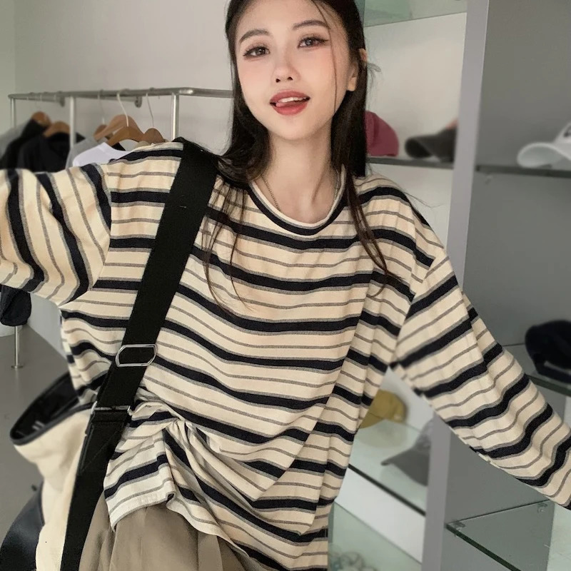Womens Casual Top Spring Autumn Stripe Contrast Long Sleeves T-Shirt 240806