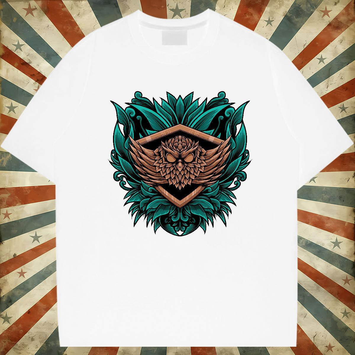 2024 New T-Shirts 230g Cotton Owl Anime Printing Street Clothings Breathable Crew Neck Loose Fit Mens Tshirts Customized