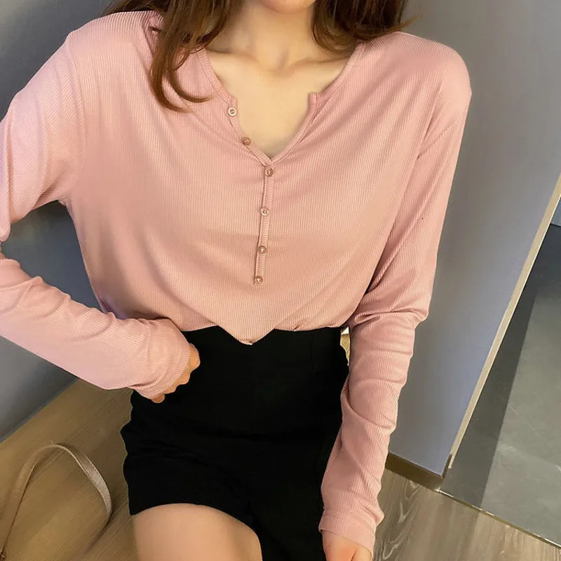 Summer Spring Bottoming Mask Tshirt Rib Cotton T-shirts long sleeves V-neck Buttons Tee tops solid color all match 240806