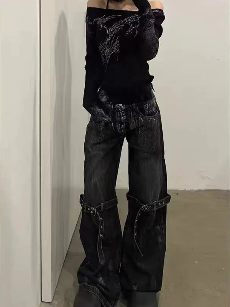 ADAgirl Y2k Baggy Goth Vintage Jeans Women Harajuku Hip Hop Casual Bandage High Waist Denim Pants Streetwear Chic Black Trousers 240806