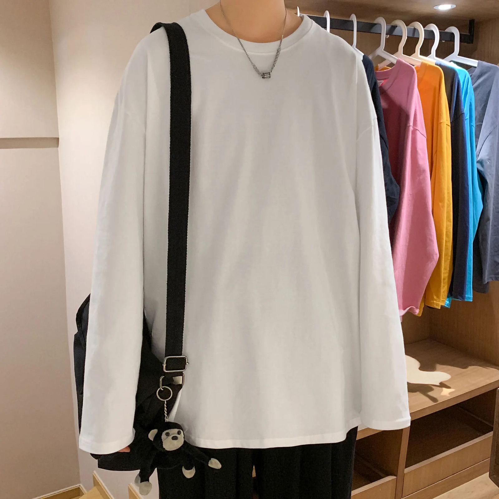 Fall Long Sleeve Pullover basic T-shirt for Men Loose Large Size Fashion Solid Color Tops Casual Autumn Streetwear Tops T Shirt 240812
