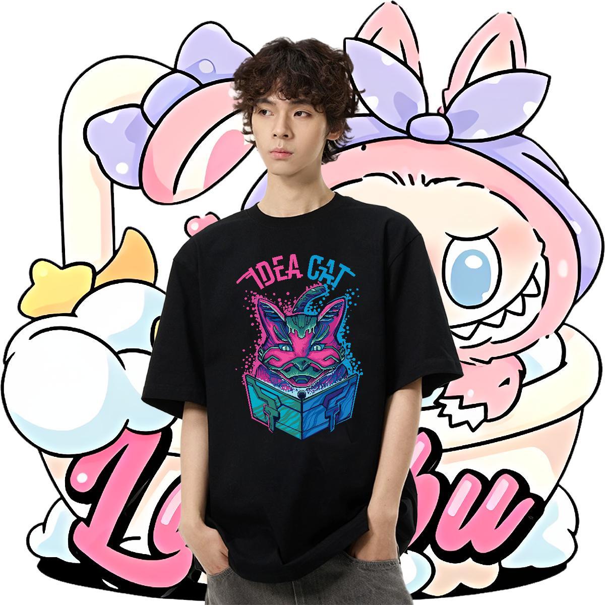 Free Shipping Men Tops Tees 230g 100% Cotton Casual Beach cat Floral Print Crew Neck Classic Mens T Shirts Tee Shirt