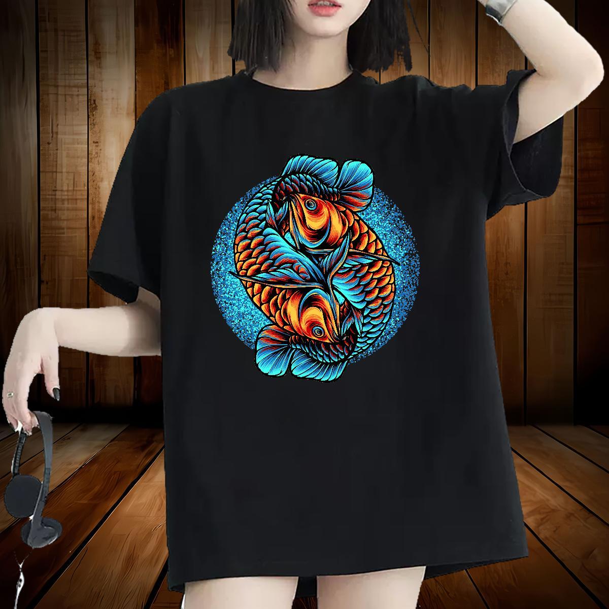 Soft Womens T Shirts Breathable Crew Neck Woman Tshirt Oversized Gold fish High Street Hip Hop 230g Pure Cotton Fashion Tops