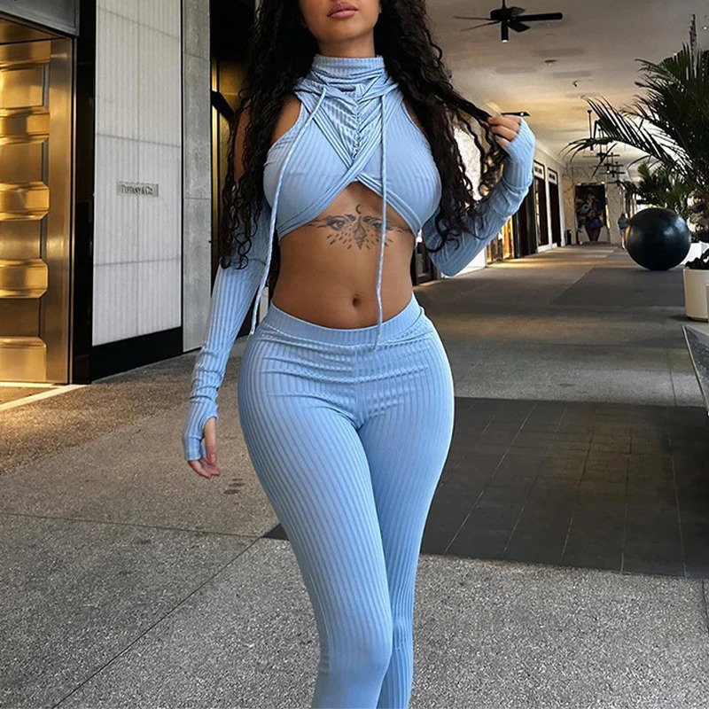 2 Piece Set Spring Autumn Y2k Irregular Fashion Tracksuit Off Shoulder Hoodies Crop TopHigh Waist Trousers Skinny Outfits 240806