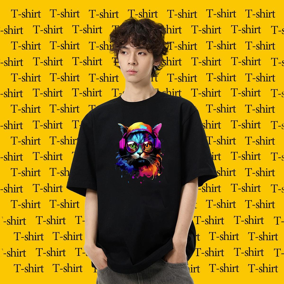 New Designer T Shirts Men 230g Pure Cotton colorful cat Hip Hop Tees Breathable Crew Neck TOP Quality Men Tops Tees Anime