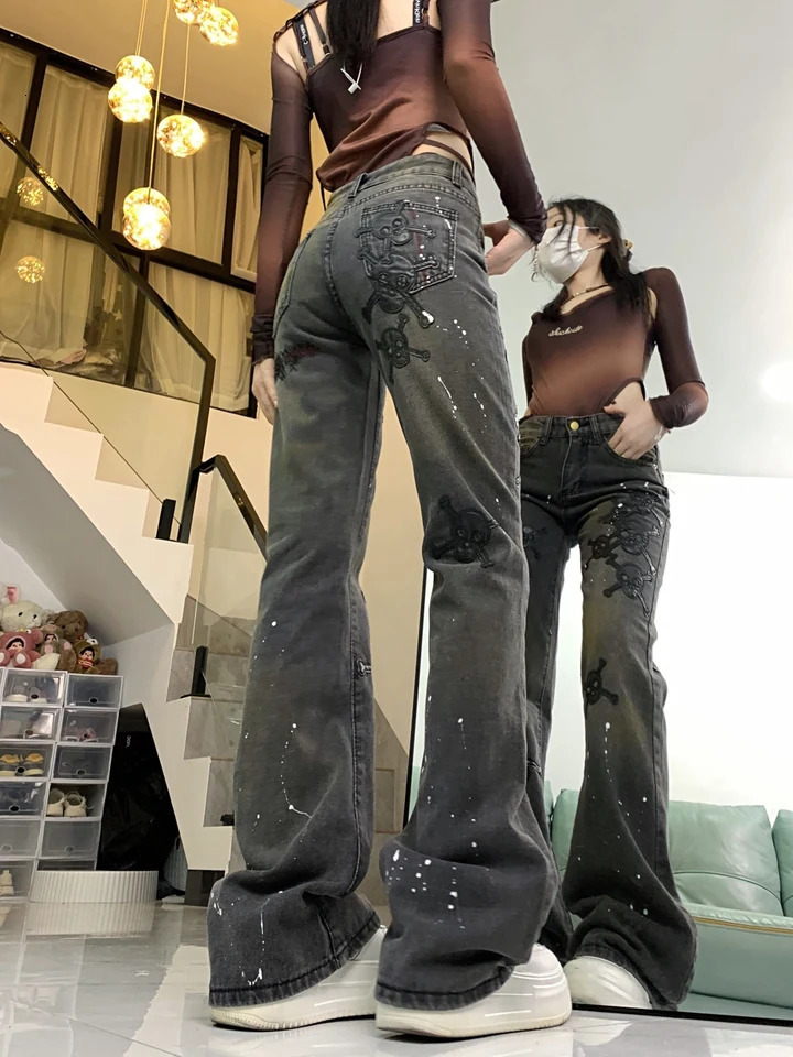 Embroidery Skulls Pants for Women American Y2K Streetwear Jeans Women Fashion Vintage Trendy Jeans 240806