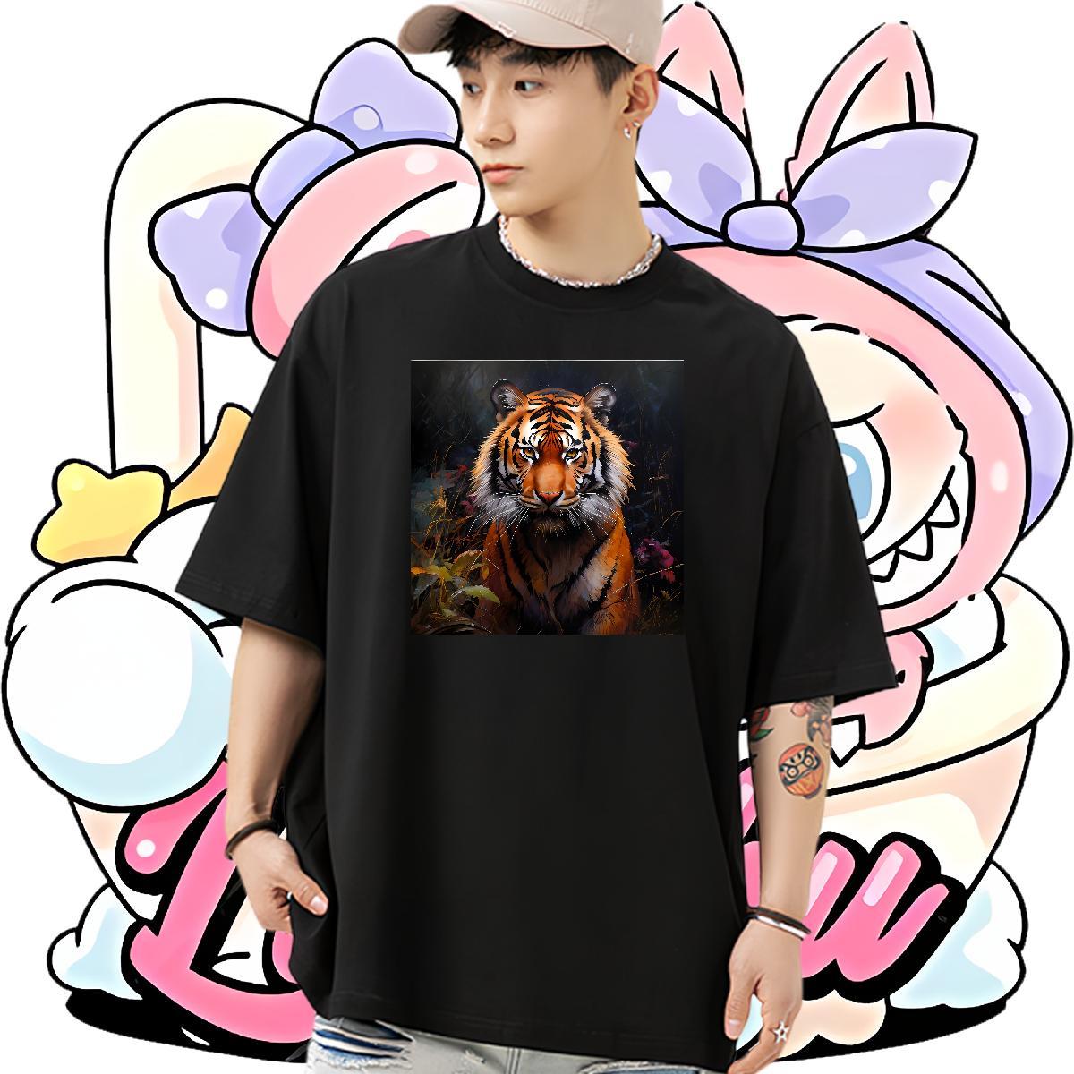 Classic Casual T shirt 230g 100% Cotton tiger Daily Outfit Polos Breathable High Quality Men Tees DIY Anime