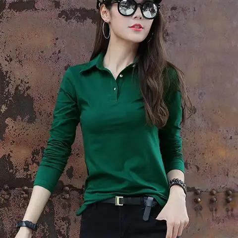 Spring Autumn Casual Polo Women Long Sleeve Slim Polos Mujer Black White Red Tops Plus Size Lady T-Shirt Femme 95% Cotton 240806