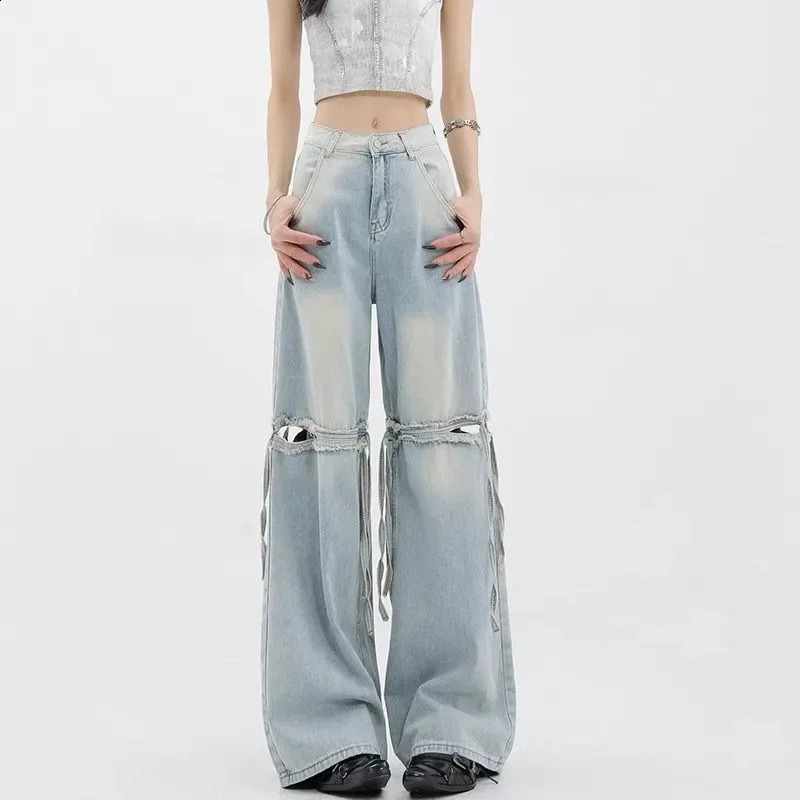 QWEEK Y2k Baggy Ripped Jeans Women Vintage Harajuku America High Waist Black Denim Pants Korean Wide Leg Streetwear Trousers 240806