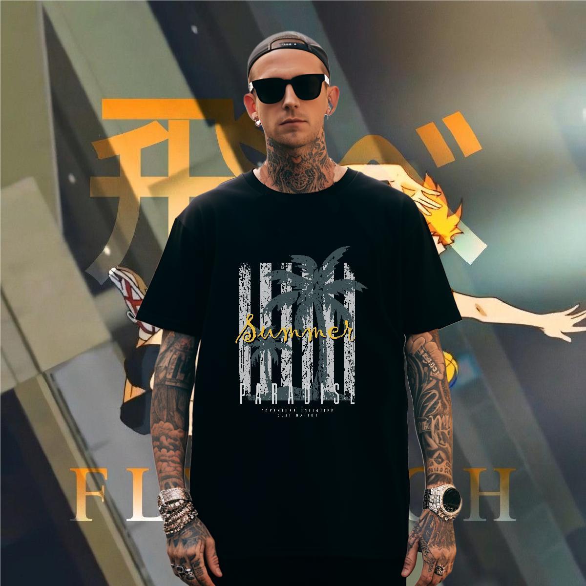 T Shirts Men 230g 100% Cotton tree High Street Hip Hop Short Sleeve O-Neck Custom Big Size Mens Tshirts 2024 New Loose Fit Clothes