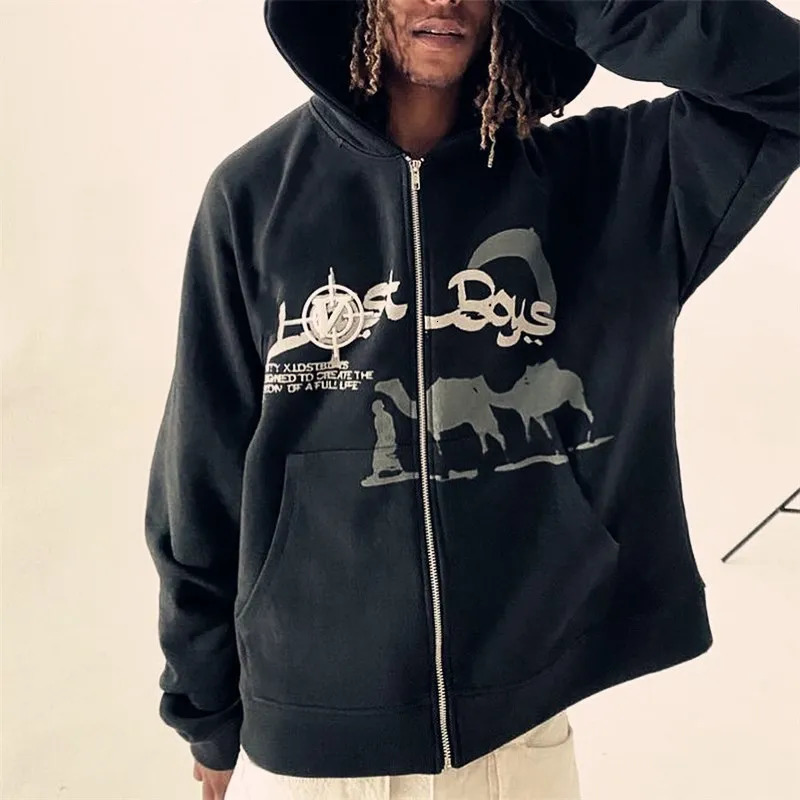 Anime Print Y2k Clothes Man Hoodie Black Long Sleeve Streetwear Zip Up Jackets Hoodies Korean Fashion Punk Sudaderas Sweatshirt 240806
