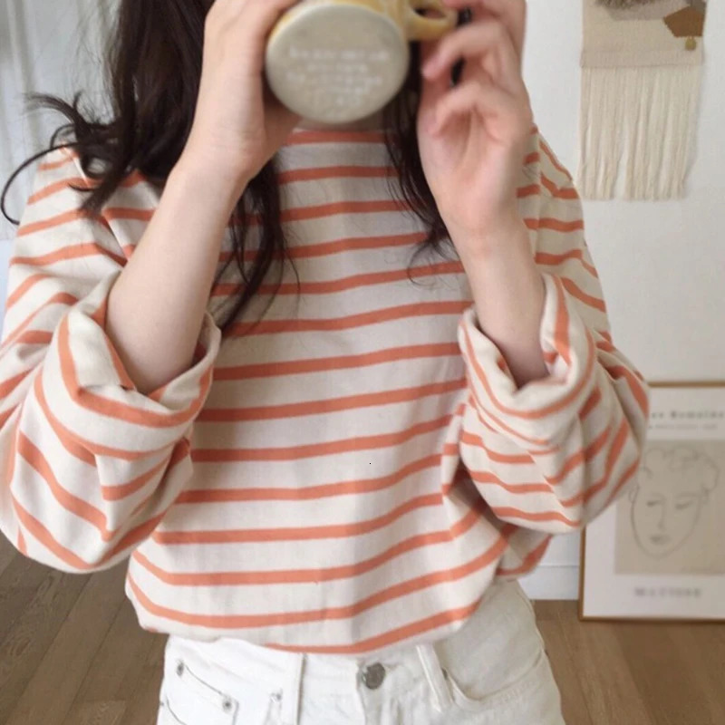 Spring Autumn Women Loose Harajuku Stripe T Shirt Long Sleeve Basic O-Neck T-Shirts Casual Female Shirt Versatile Tops 240806