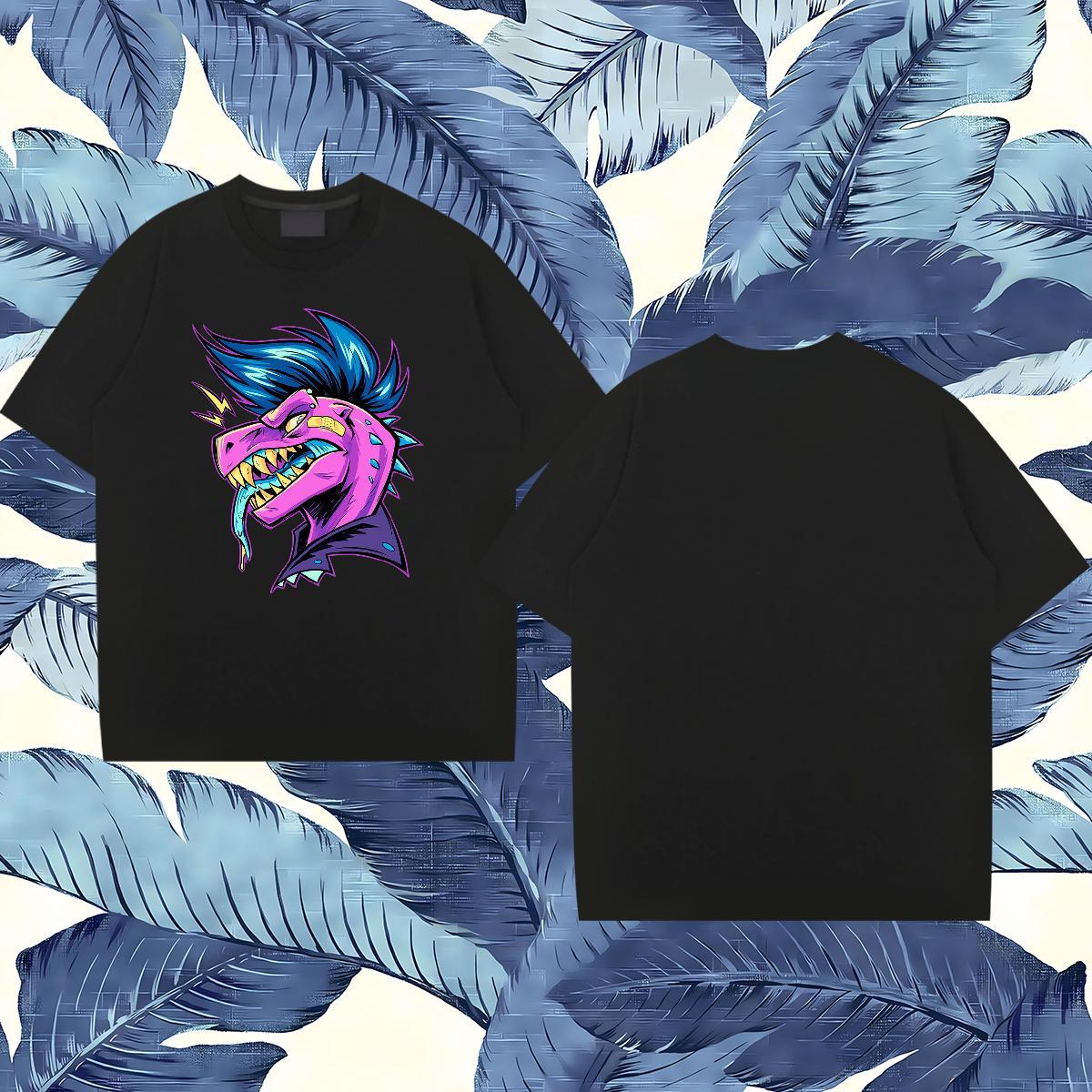 Classic Men T Shirts 230g Cotton dinosaur Sport Tops Round Neck Short Sleeve Loose Fit Tshirts Floral Print