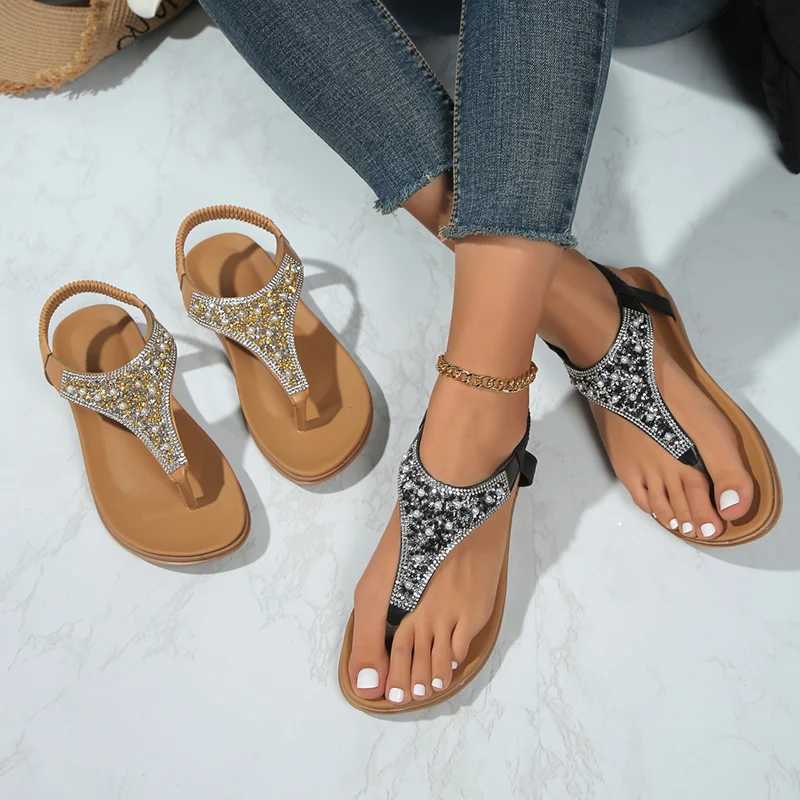 High Quality Lucyever Summer Clip Toe Bohemia Sandals Women Fashion Shiny Crystal Flat Sandalias Woman Non Slip Sole Beach Sandals Women T241227