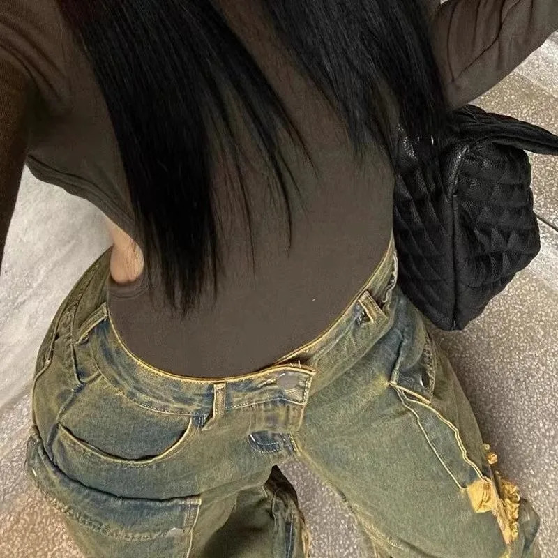 American Vintage Multi-pocket Jeans Female Y2K Street Hip Hop Fashion Hole Baggy Casual Joker High Waist Wide Leg Mop Pants 240806