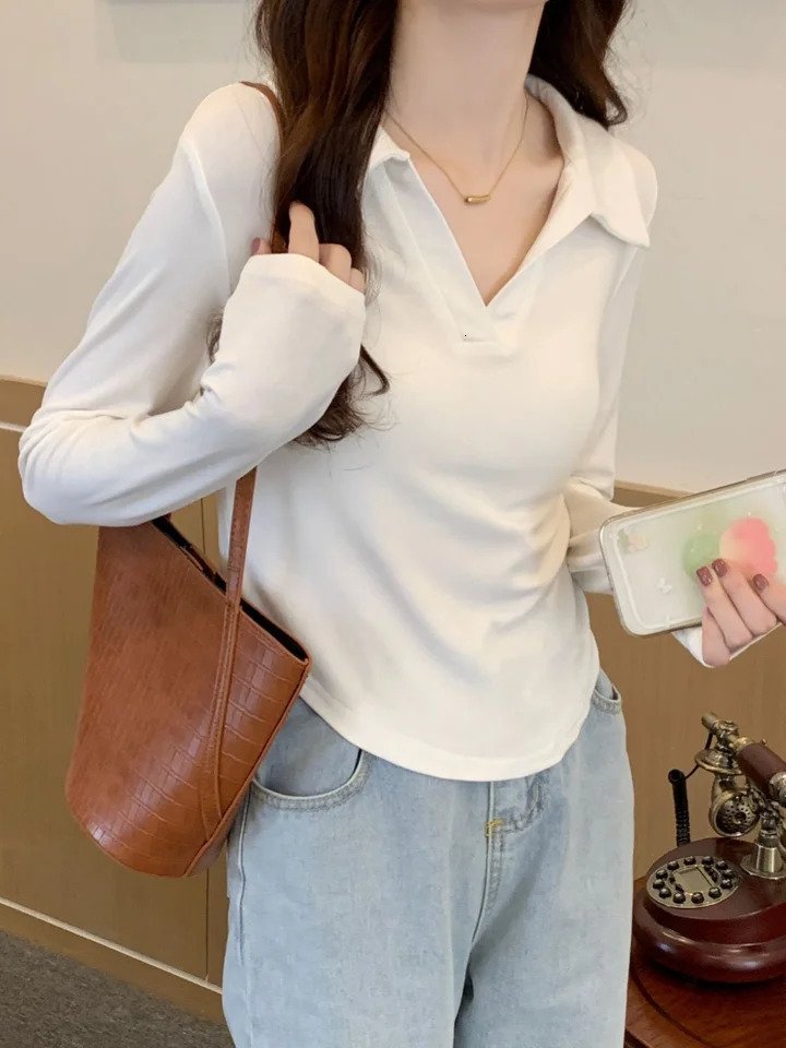 Autumn Polo Neckline Slim Fit Long Sleeve Women T-shirt Irregular Top Shirt Korean Style Casual Comfortable Polyester Fabric 240806