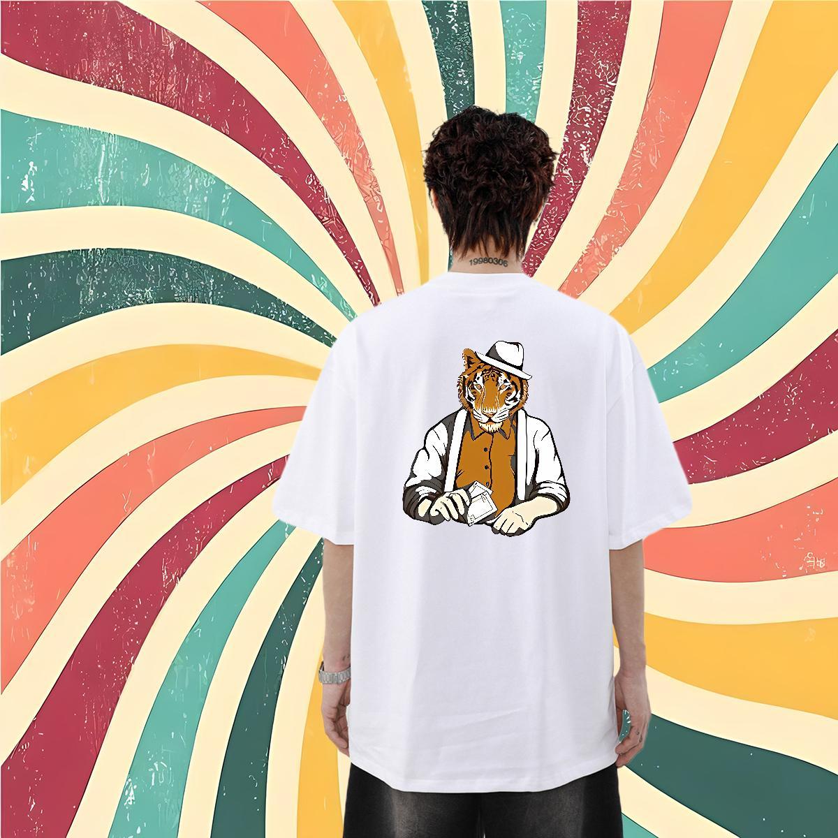 Customized T Shirts Men 100% Cotton 230g tiger Casual Beach Tee Shirt Short Sleeve O-Neck Loose Men Clothes T-Shirt Custom Printed