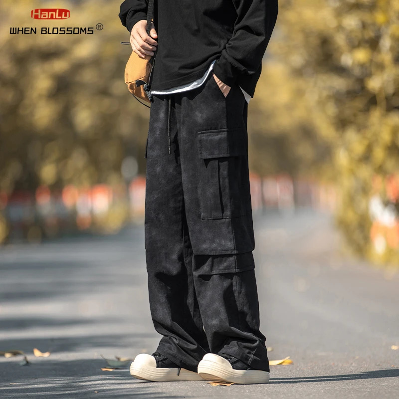 HANLU Dirty dyeing to make old prints Classical Cotton Cargo Pants Mens Loose Fit Wide Leg Trousers Baggy Autumn 240806