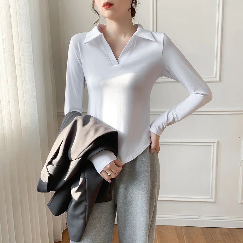 autumn tight fitting long sleeved T-shirt for women cotton lapel polo neck Y2k top for women ultra-thin polo shirt 240827