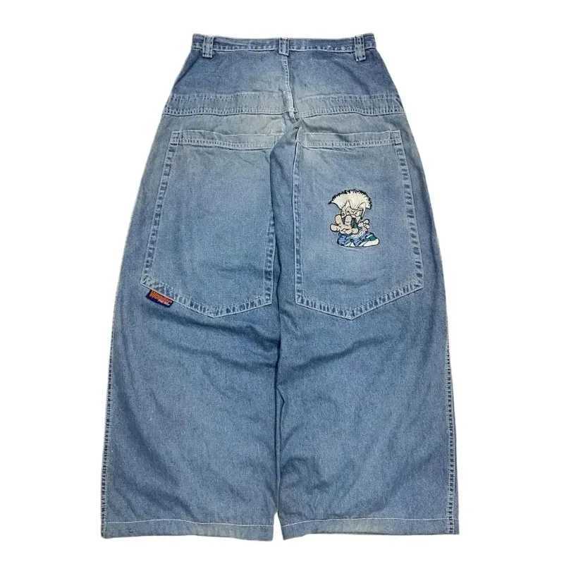 Y2K Street New Cartoon Characters Embroidered Light Blue Washed Loose Jeans Harajuku Gothic Hip Hop Skateboard Pants Mens WomensM240803