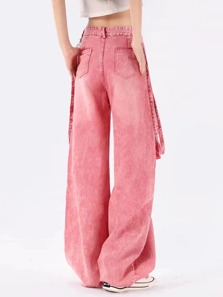 ADAgirl Pink Y2K Cargo Jeans Women Harajuku Oversize Vintage Belt Wide Leg Causal Denim Trousers Hip Hop Korean Straight Pants 240806