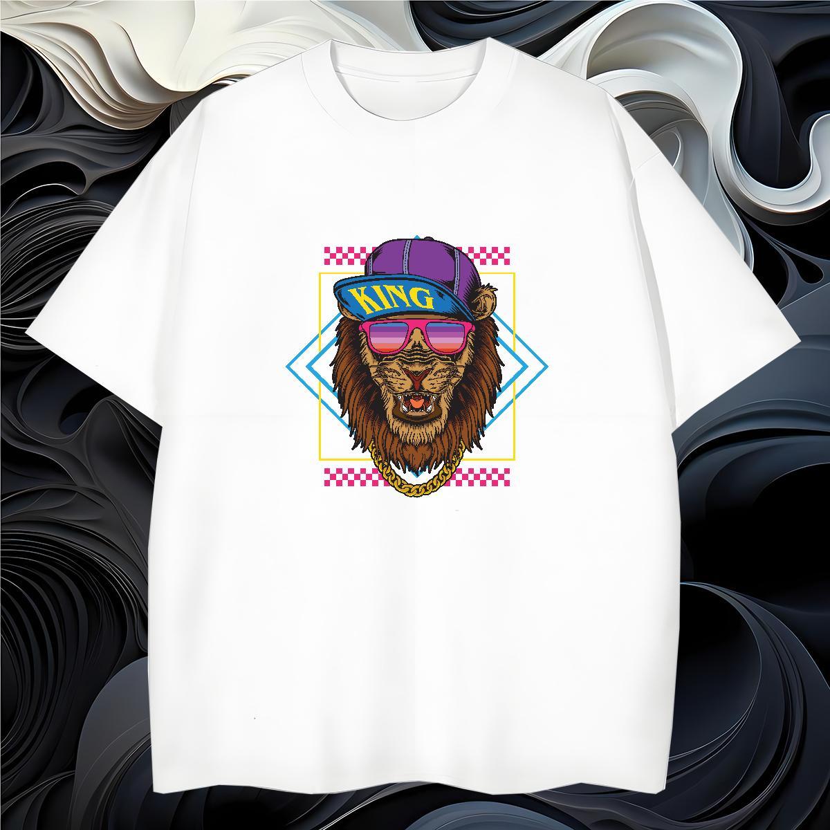 2024 Summer T-Shirts for Men 230g Pure Cotton lion Hip Hop Polos Breathable Crew Neck Soft Tshirt for Man Woman Anime Print