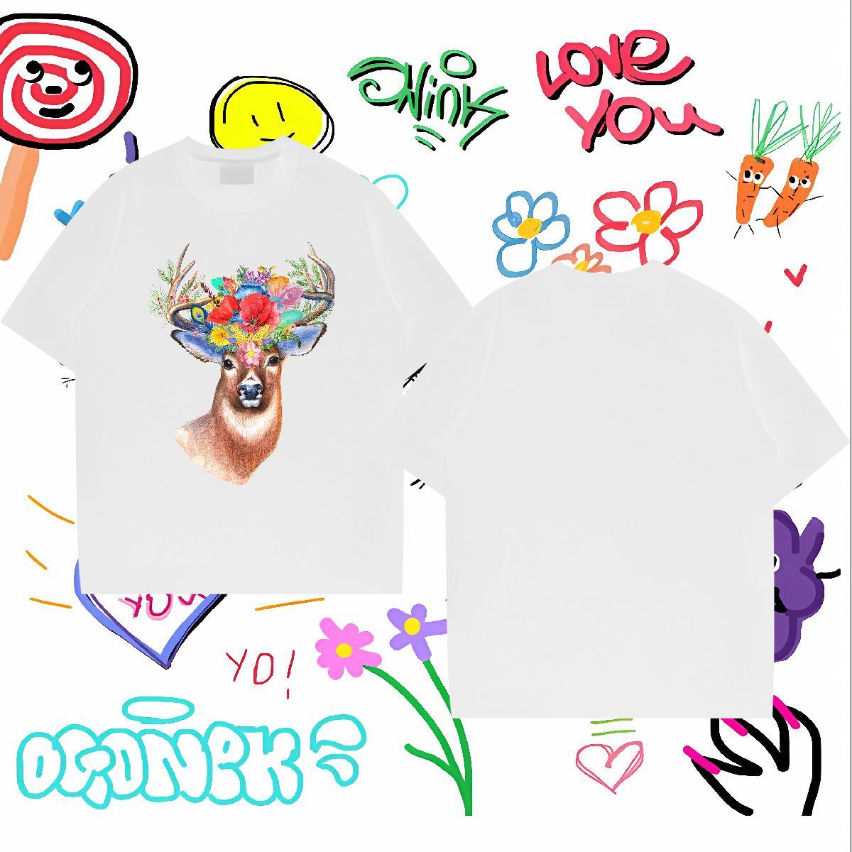 Fashion Designer Men T Shirts 230g 100% Cotton Deer Casual Beach Top Tees Crew Neck Classic Mens Tshirts Cartoon Print