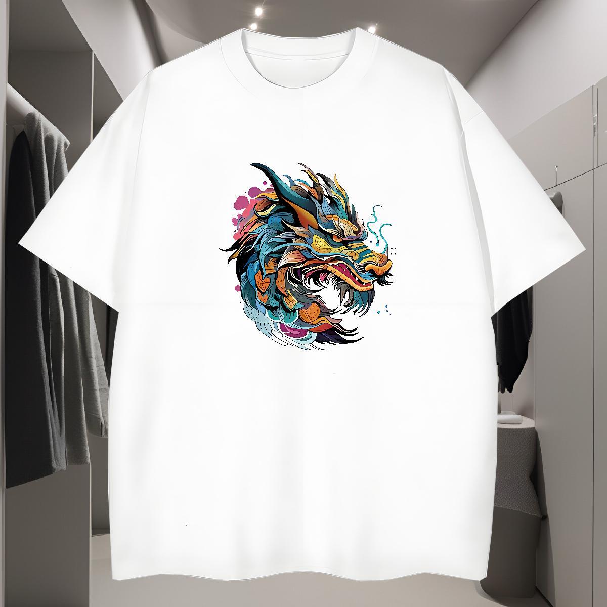 T Shirt For Man 230g Pure Cotton Colorful Dragon Head Hip Hop Street Breathable Crew Neck White Plus Size Couples T Shirts Custom Brand Wear