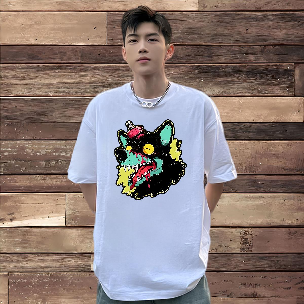 Classic T-Shirts for Men 100% Cotton 230g wolf Outdoor Tops Crew Neck Breathable Soft Men Tops Tees Anime Print