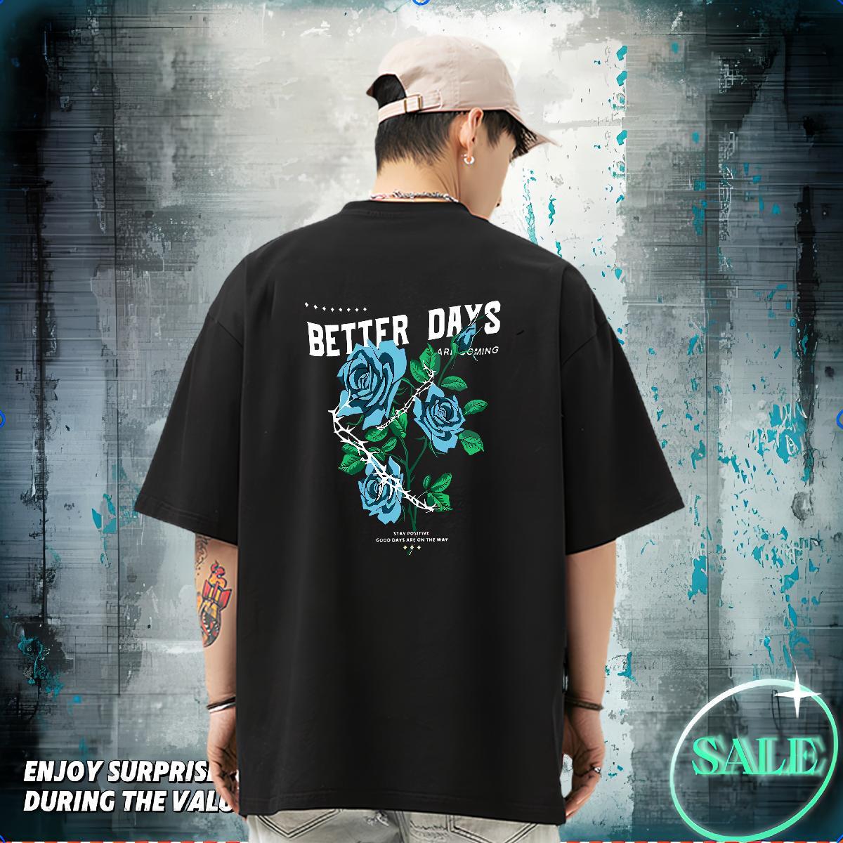 New Designer T Shirts Men 230g Cotton ROSE Anime Printing Street Tee Shirt Breathable Short Sleeve Loose Men Tops Tees Oversized 3XL 4XL