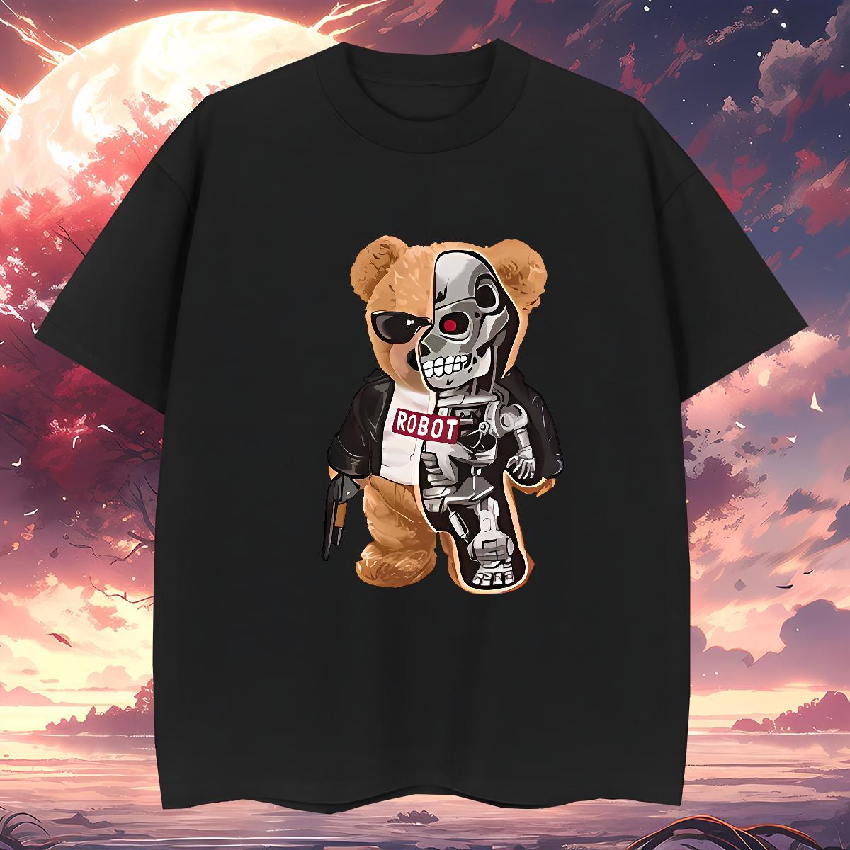 T Shirts Men 230g Pure Cotton bear Home Outdoor Breathable Short Sleeve Anime Tshirts New Loose Fit Tops