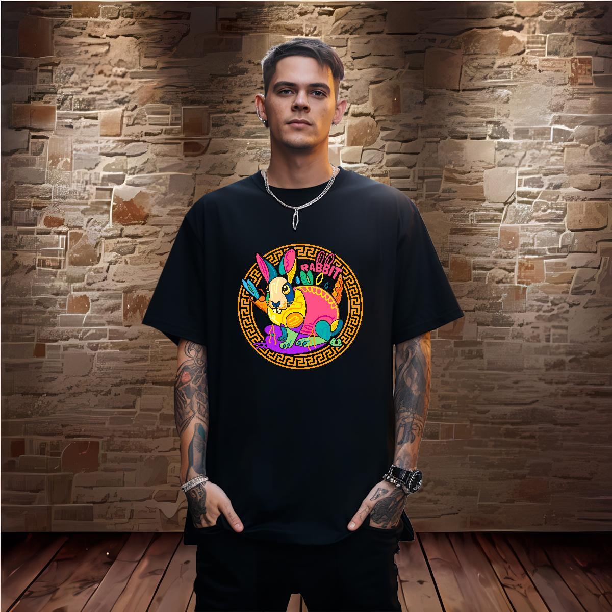 T Shirt For Man 230g 100% Cotton rabbit Home Outdoor Breathable Crew Neck Custom Print Oversized Mens Tshirts Fashion New Soft Tops Tees