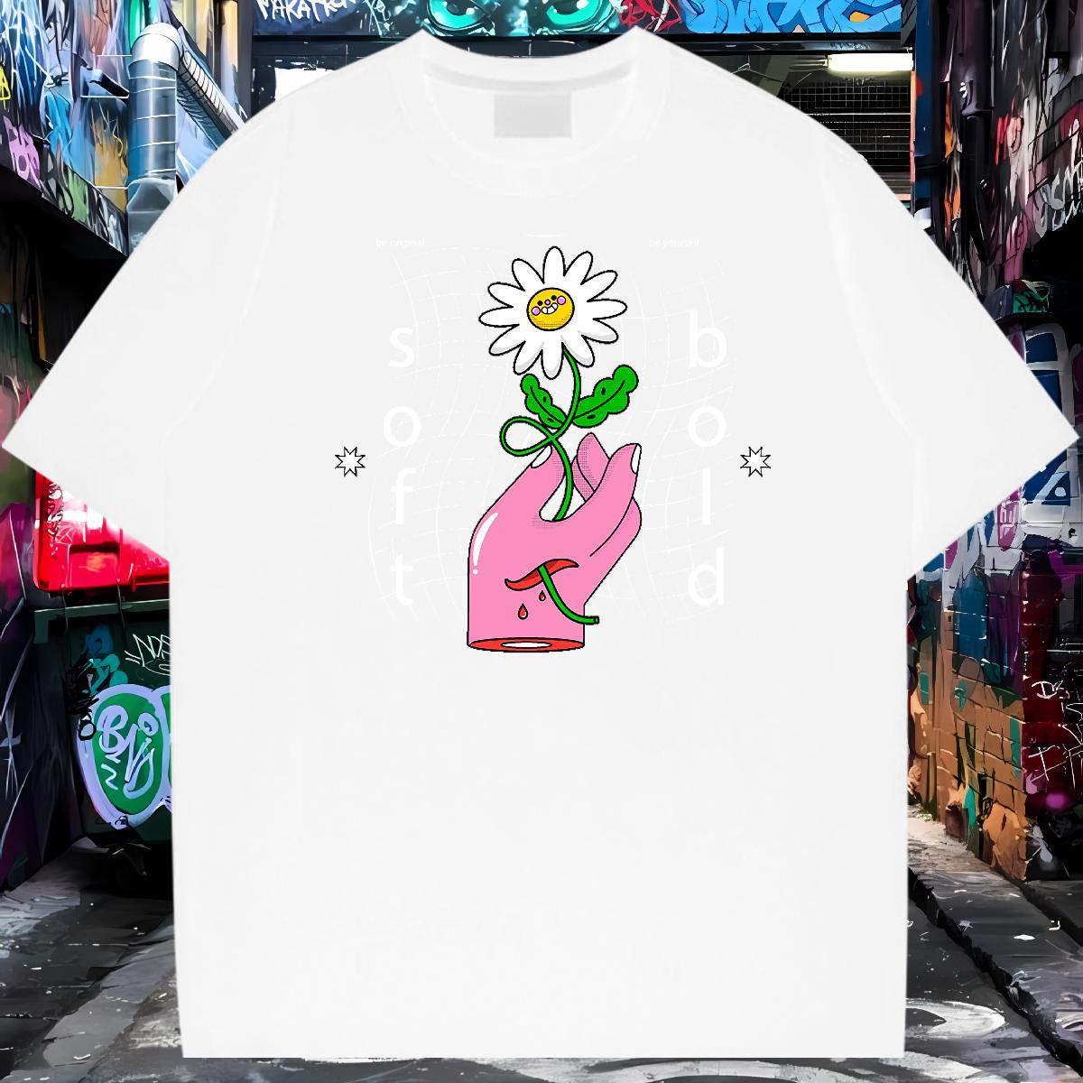 Free Shipping Mens T Shirts 230g Cotton flower Street Tees Shirts Short Sleeve O-Neck Loose Men Clothes T-Shirt Custom Anime