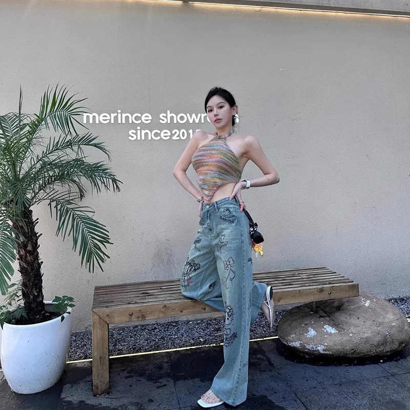 Y2K Kawaii Drill Jeans Straight Pants Female Girl American Retro Graffiti Harajuku High Waist Denim Trourse Woman 240806