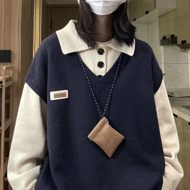 Polo Collar Women Vintage Patchwork Pullovers Y2K Harajuku Autumn Winter Female Loose Warm Knitted Sweaters 240806