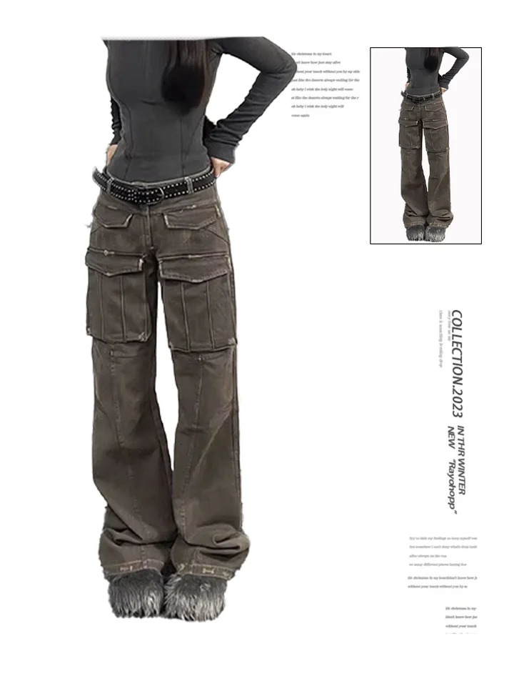 Women Coffee Baggy Cargo Jeans Harajuku 90s Aesthetic Denim Trousers Y2k Vintage Japanese 2000s Style Jean Pants Trashy Clothes 240806