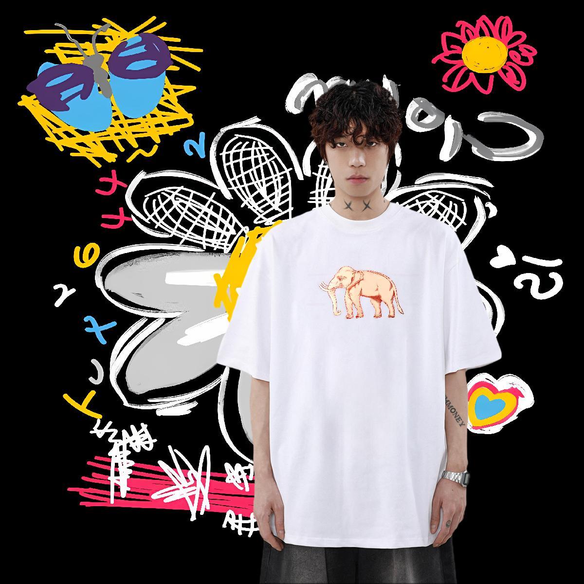Stylist T-Shirts for Men 230g Pure Cotton elephant Spring Summer Wear Breathable Short Sleeve Designer Men Tops Tees White Plus Size