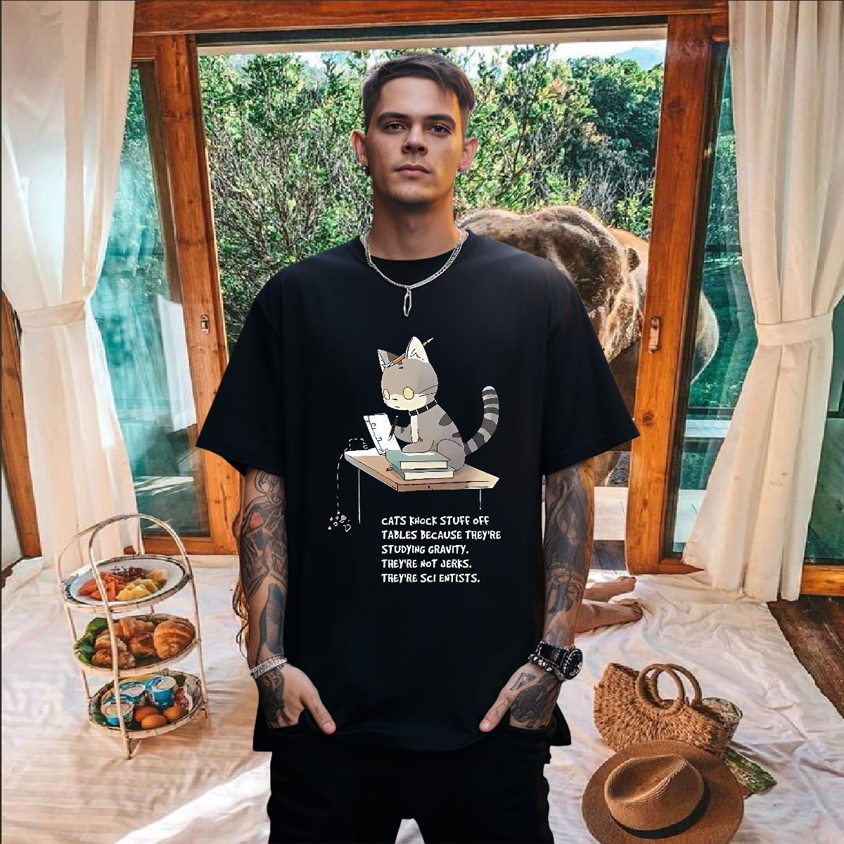 Brand Men T Shirts 230g 100% Cotton cat Daily Outfit Tops Shirt Round Neck Short Sleeve Cool Mens Tshirts Plus Size Custom