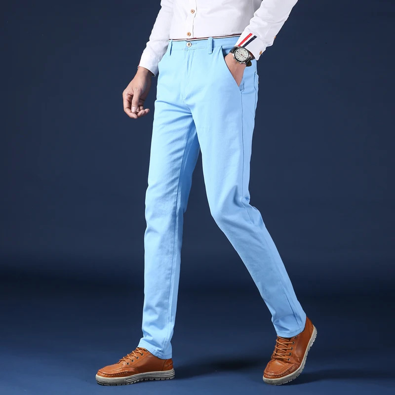 Men Pants Classic Style Cotton Elastic Slim Fit Office Trouser Business Casual Solid Straight Suit Pant Mens Clothing 240806