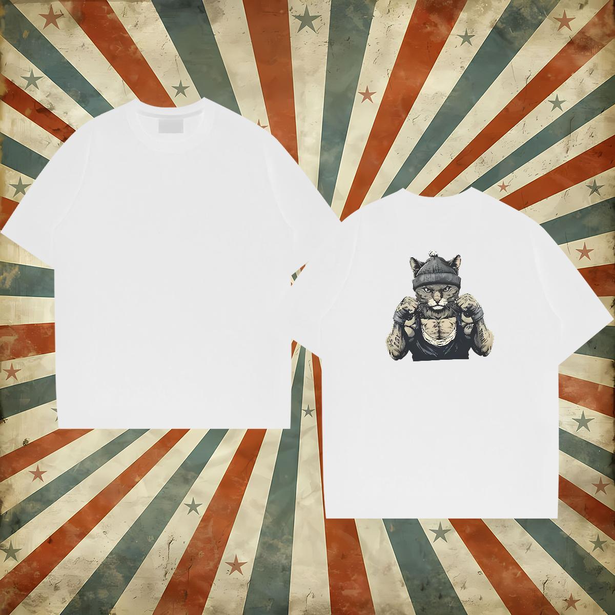 Custom T Shirts Men 230g 100% Cotton cat Sport Tops Tees Short Sleeve Soft Popular Men Tees Black White