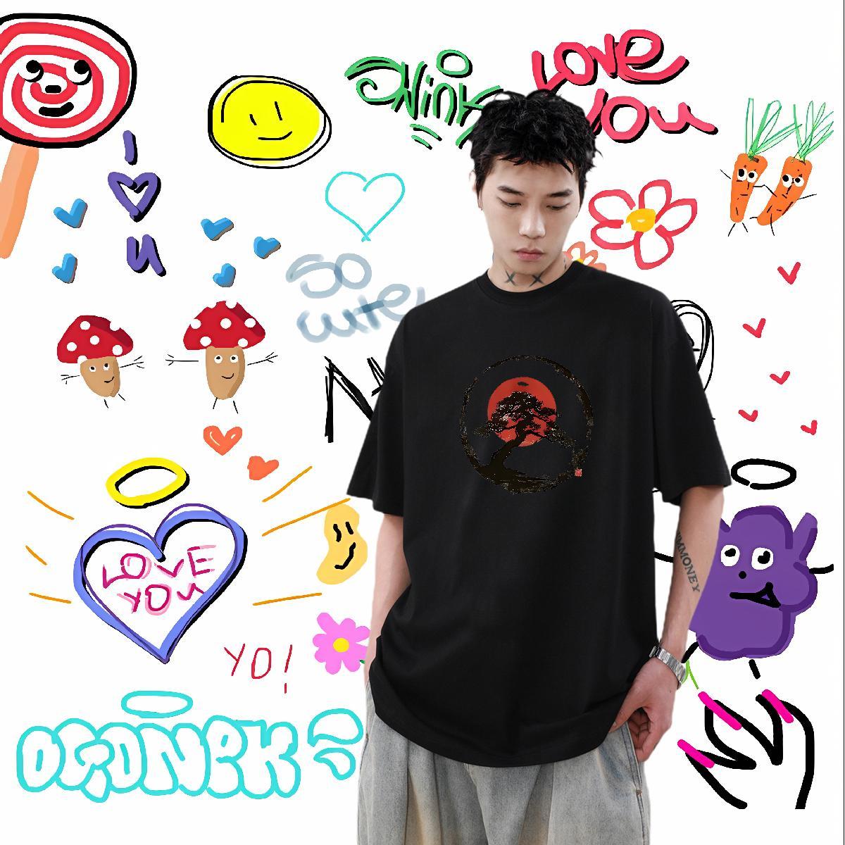Casual New T-Shirts 230g Cotton tree Hip Hop Street Tops Shirt Breathable Soft Cool Design Men Clothes T-Shirt DIY Logo Oversized