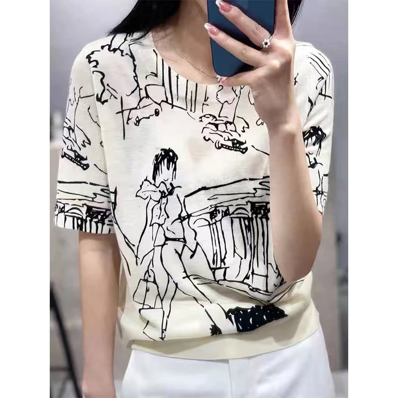 Four Seasons Womens Long-Sleeve Round Neck Stitching Pullover T-Shirt Sweater Casual Top Korean Version Wool Short-Sleeve 240806