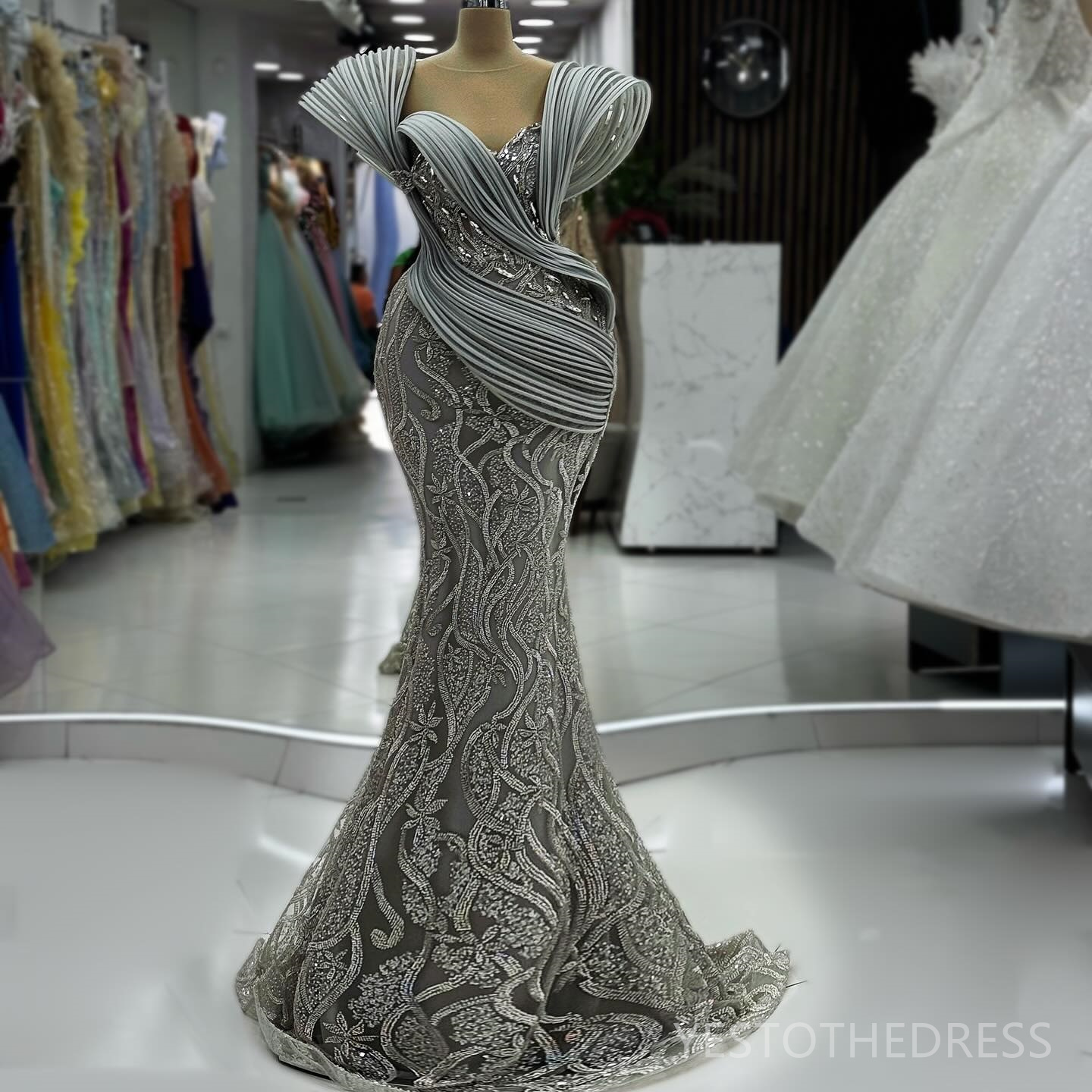 2024 Plus Size Silver Prom Dress Mermaid Promdress Evening Formal Gowns Illusion Beaded Lace Spaghetti Straps Birthday Party Dress Second Reception Go