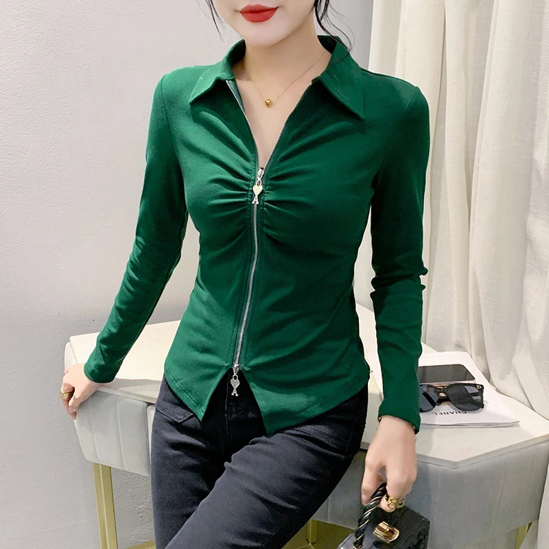 Fall Winter European Clothes T-Shirt Fashion Sexy Turn-down Collar Zipper Women Tops Long Sleeve All Match Tees 39098 240806