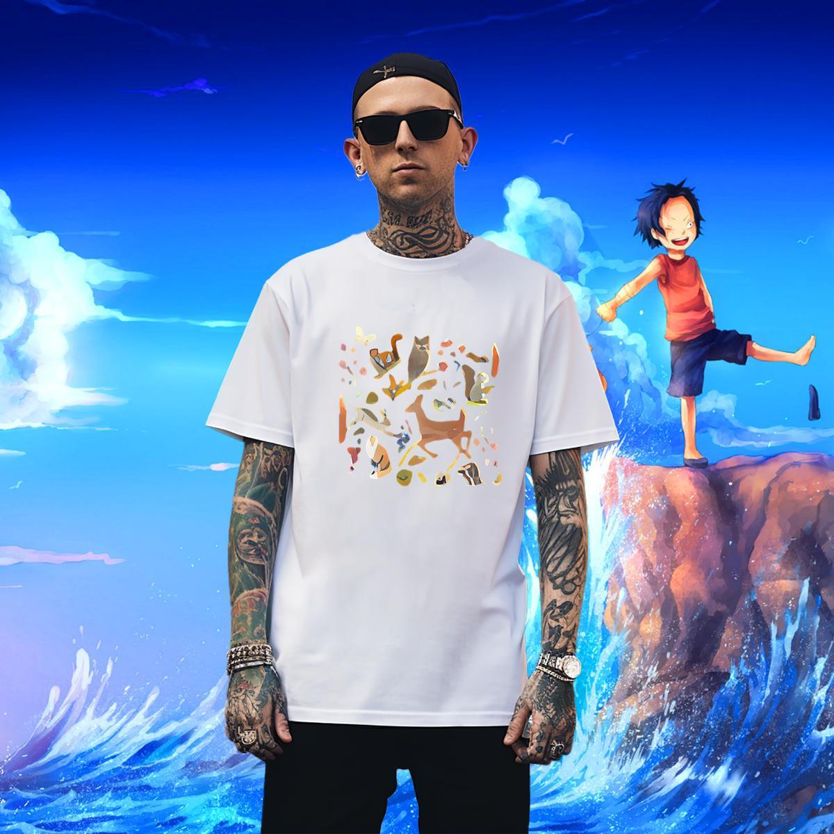 T Shirt For Man 100% Cotton 230g Deer Daily Outfit Breathable Short Sleeve Floral Print Men Tops Tees Fashion Design Comfortable Tee Shirt