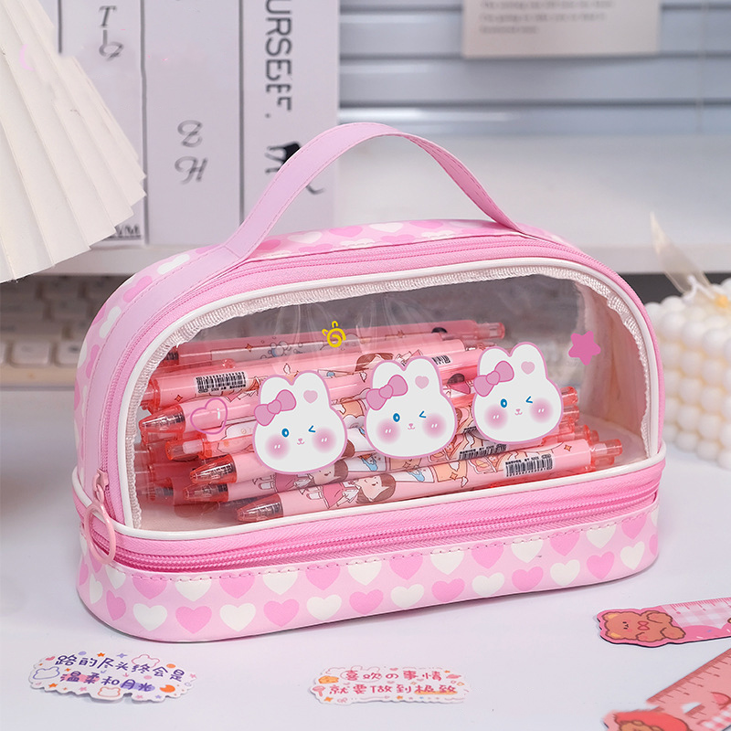 Double layer pencil case, transparent cartoon large capacity pencil case, hand-held student stationery storage bag internet famous cute makeup bag