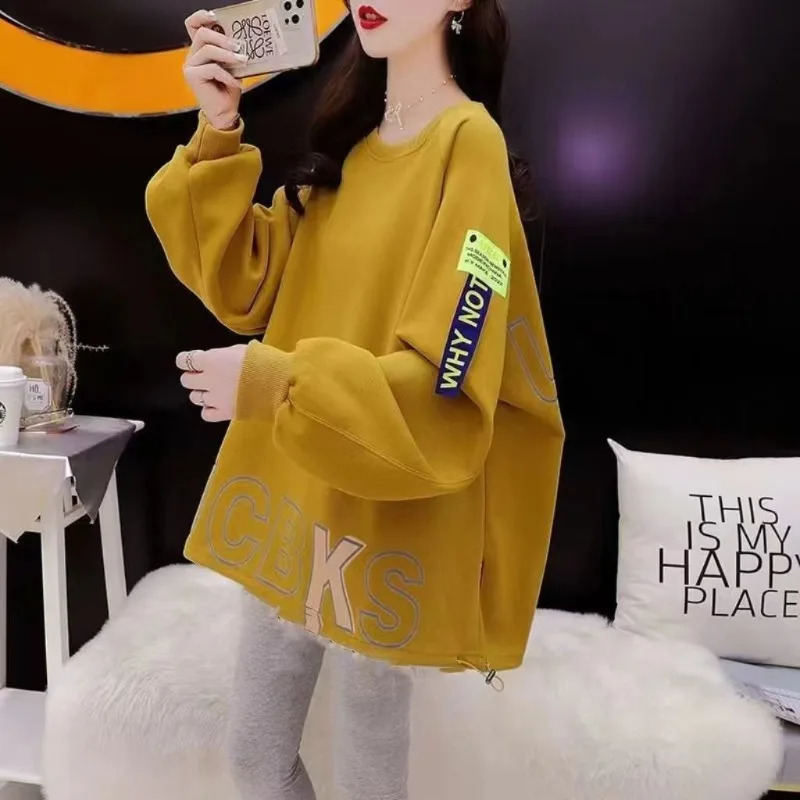 Womens Autumn and Winter Fashion Elegant Round Neck Pullover Print Panel Casual Long Sleeve Loose Sweater Mid Length Tops 240806