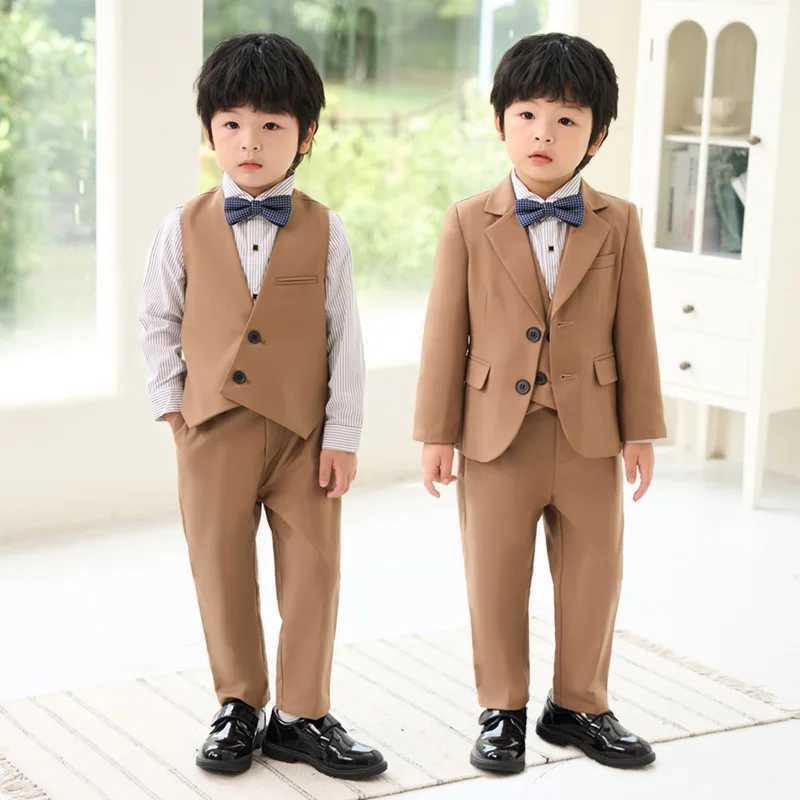 Suits Childrens Brown Formal Suit Set Spring Autumn Korean Boys Performance C Photography Host Wedding Dress Kids Blazer Vest Pants