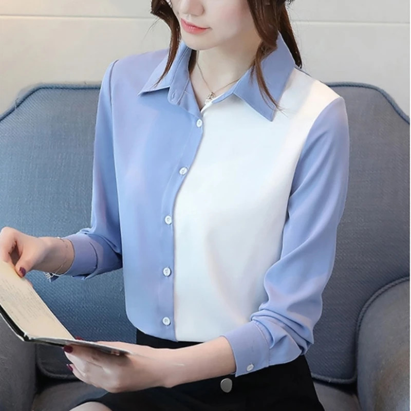 Womens Spring Autumn Korean Fashion Color-blocking Shirts Long-sleeved Bottoming Loose Chiffon Shirts Elegant Clothing 240806