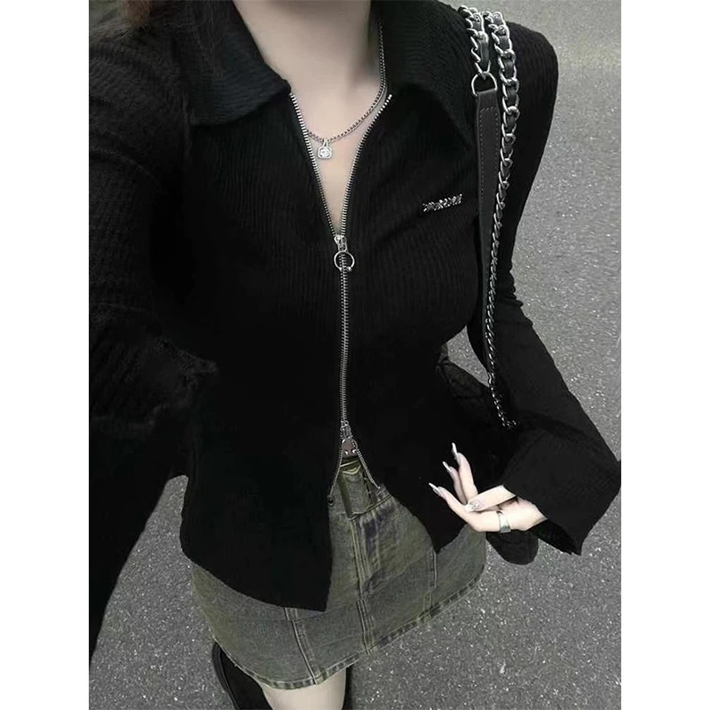 Y2K Black T Shirts Women Streetwear Zipper Crop Tops Harajuku Korean Turn Down Collar Long Sleeve Tunic Slim Casual Chic Tees 240806